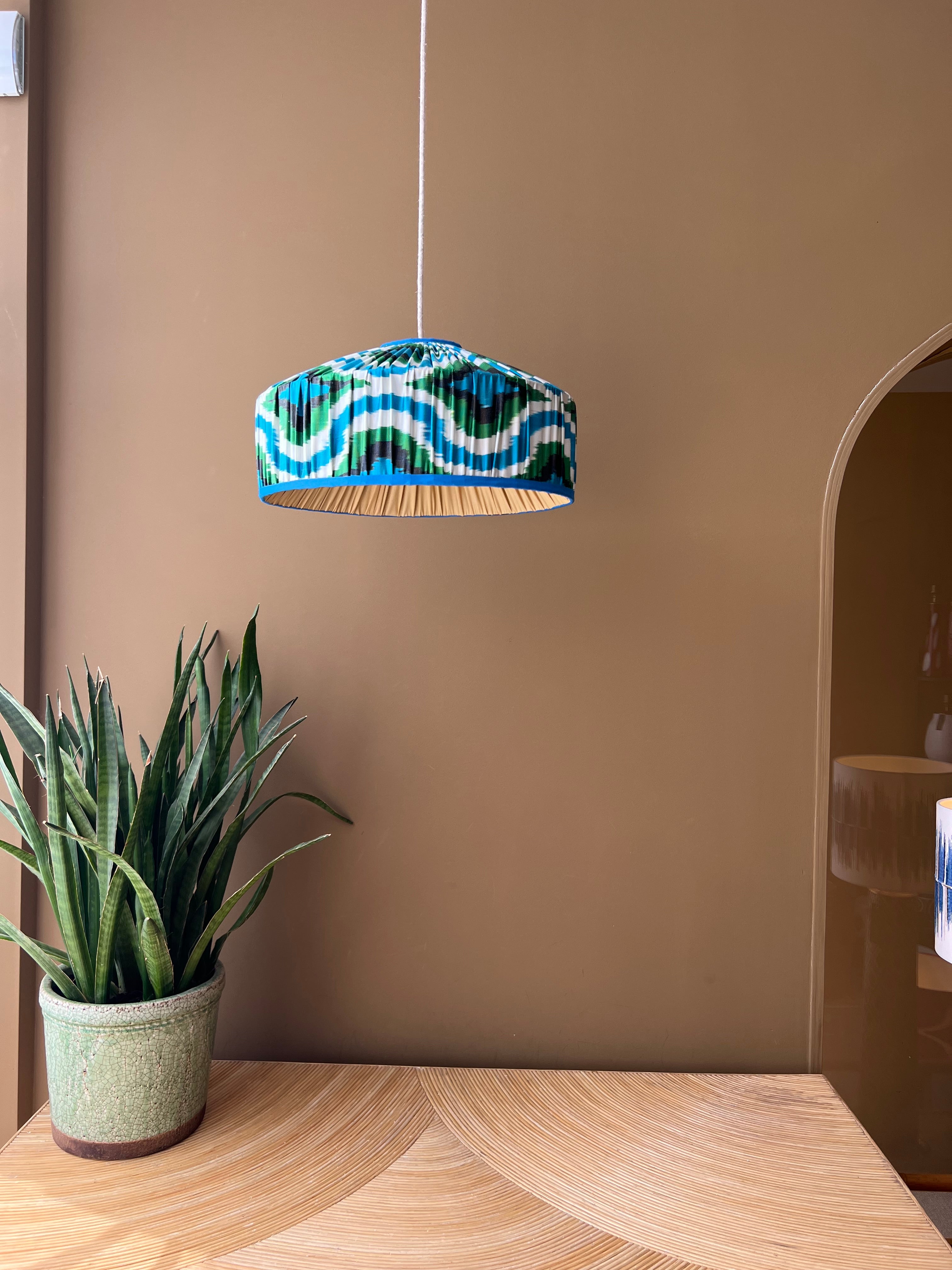 pleated ikat blue green ikat