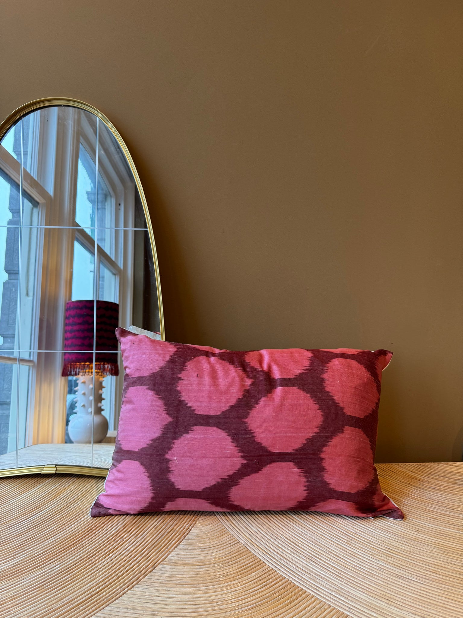SALE Cushion Pink Dots On Merlot - Silk Ikat