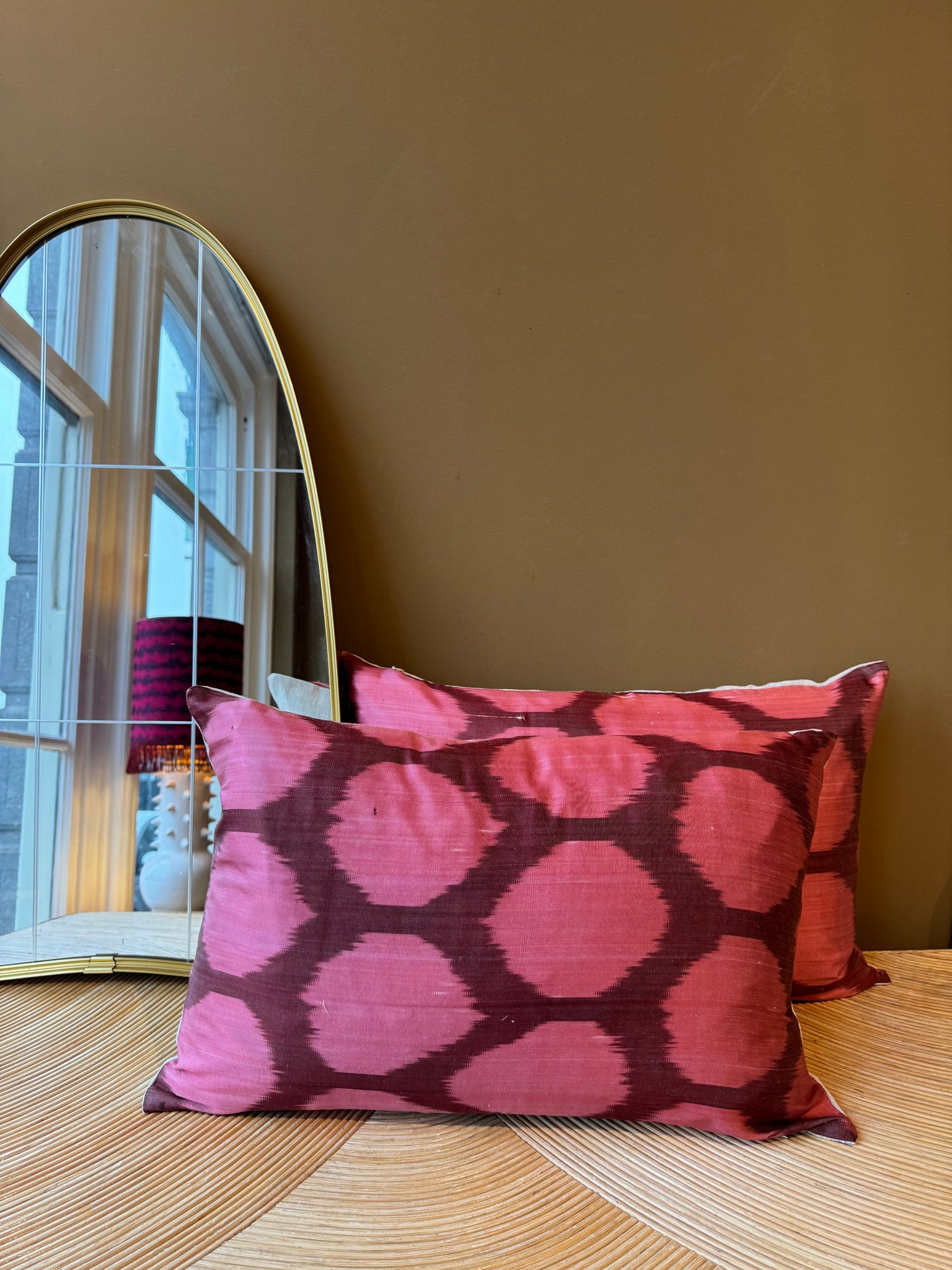 SALE Cushion Pink Dots On Merlot - Silk Ikat