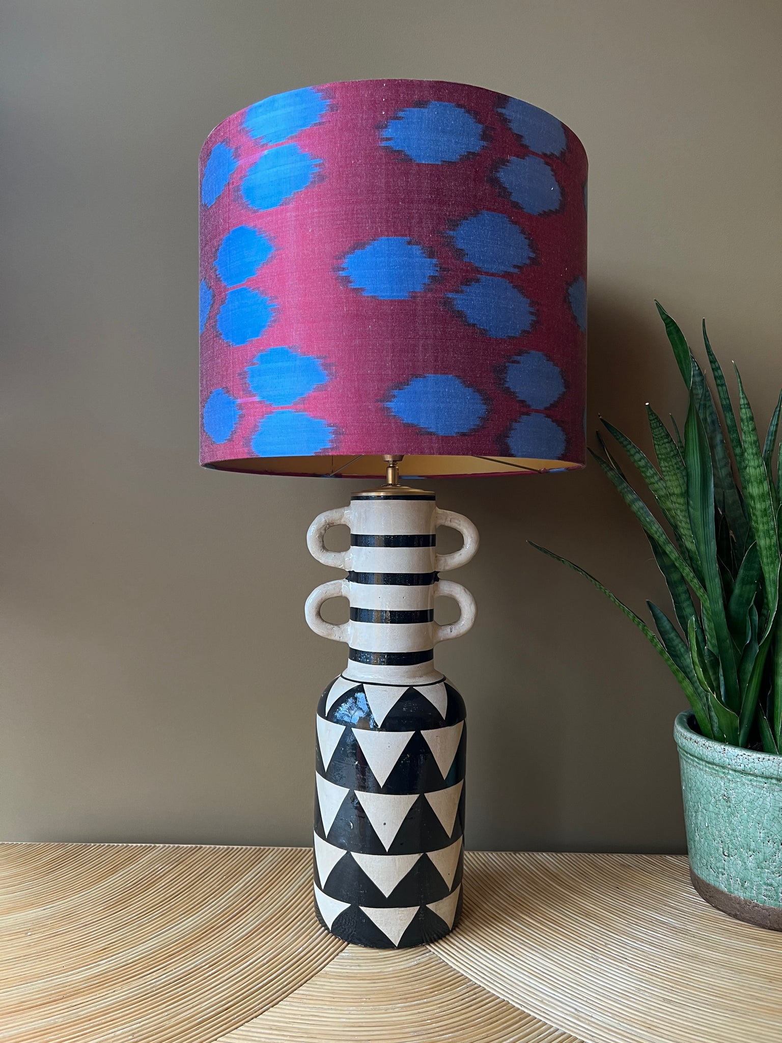 aztec triangle_blue dots on red silk ikat