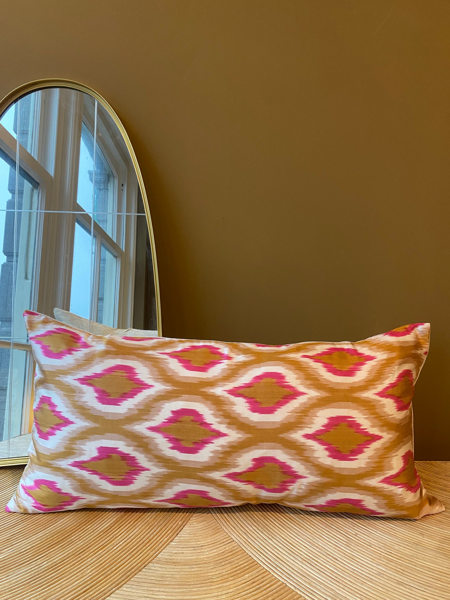 SALE Cushion Caramel Fuchsia Flame - Silk Ikat